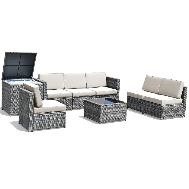 Tangkula 8 piece Outdoor Wicker Rattan Conversation Sofa Set W Storage Table White black turquoise