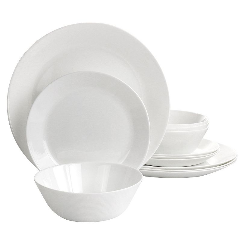 Gibson Everyday Ultra Courtyard 12 Piece Tempered Opal Glass Dinnerware Set in White