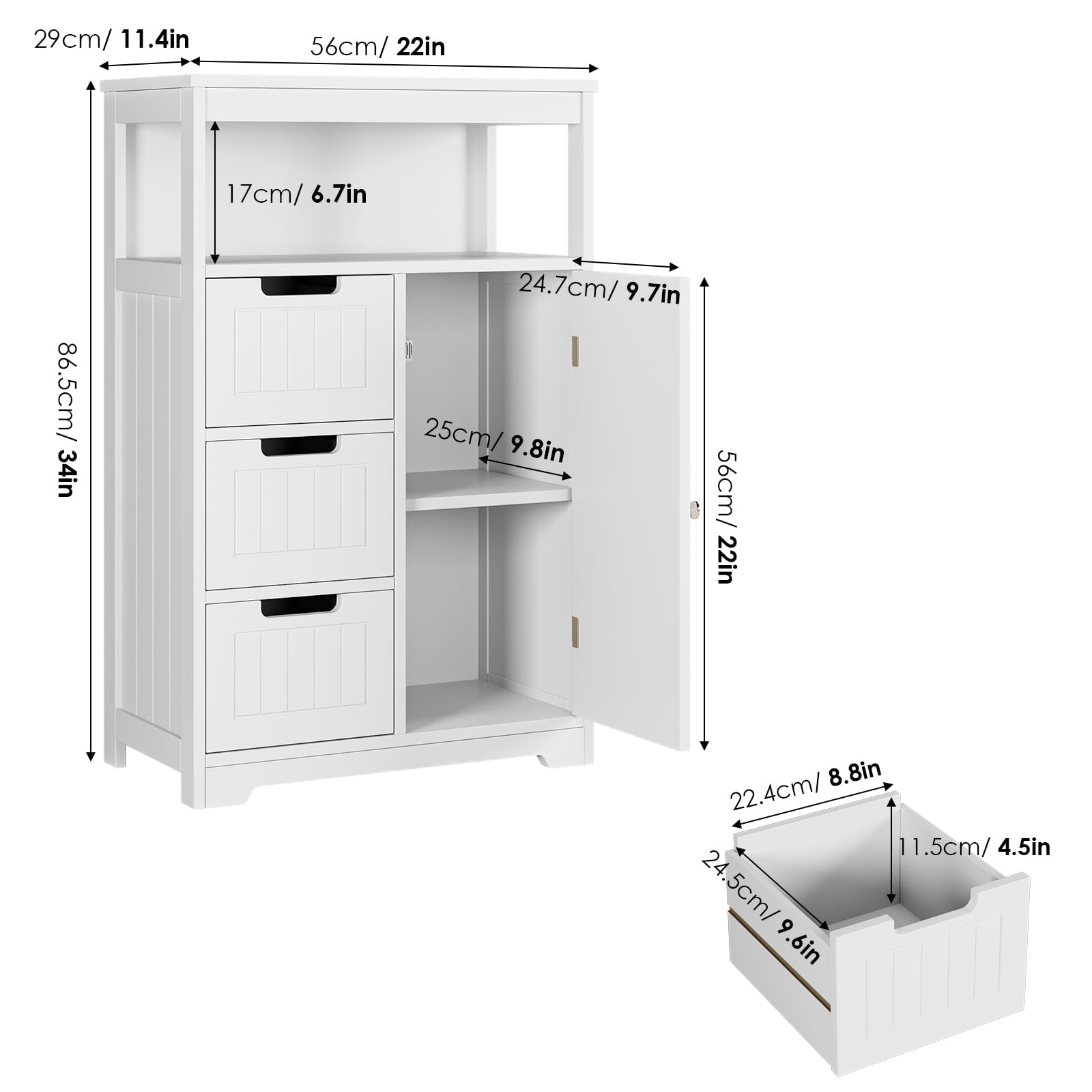 Homfa Bathroom Floor Cabinet with 3 Drawer and 1 Cupboard, Wooden Free Standing Storage Cabinet Corner Organizer Unit Dresser, White