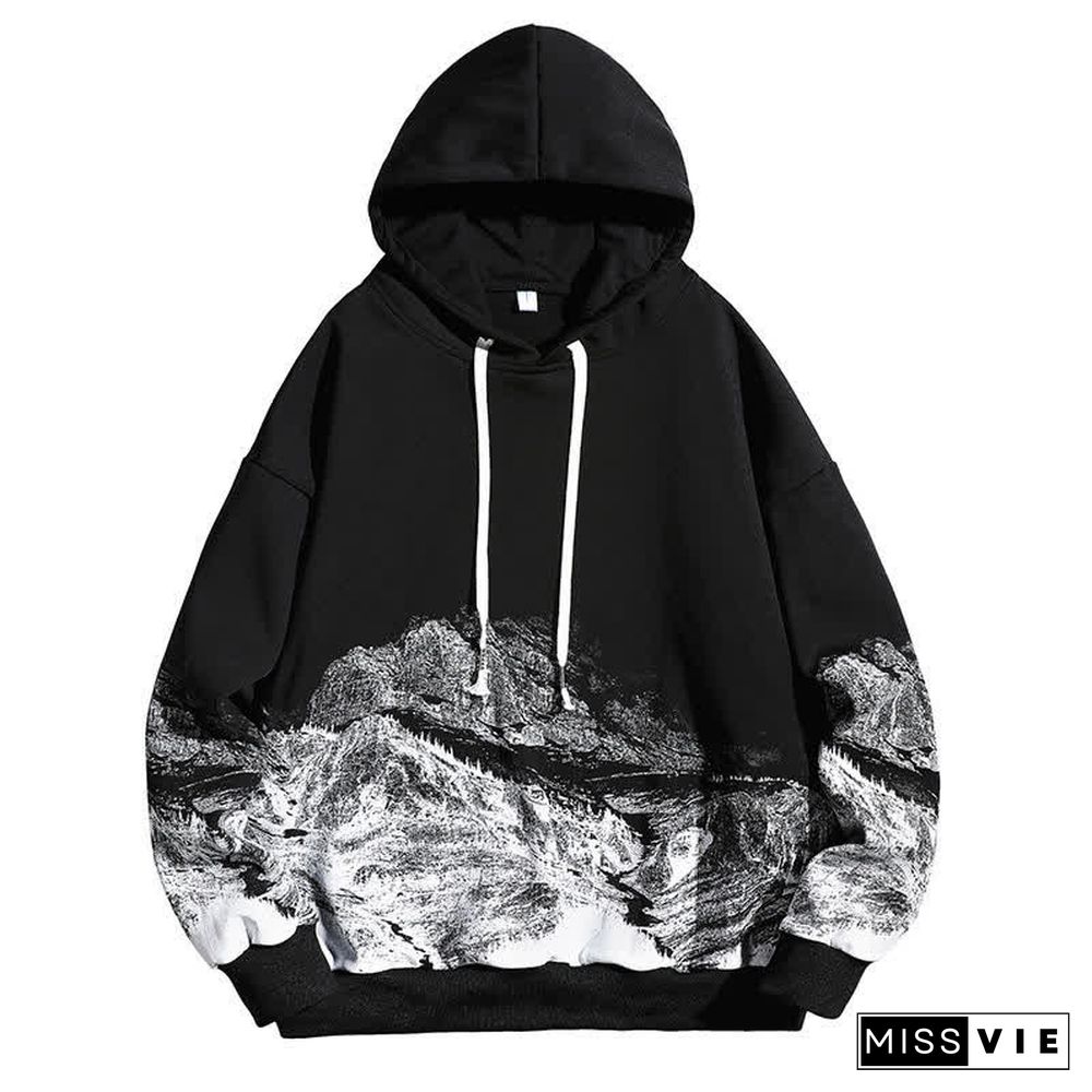 Retro Mountain Print Long Sleeve Loose Hoodie