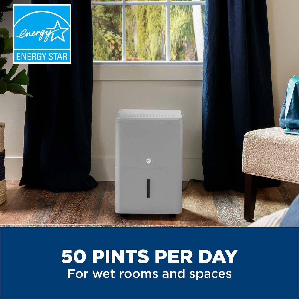 GE 50-Pint Dehumidifier for Basement Garage or Wet Rooms up to 4500 sq. ft. in Grey Smart Dry ENERGY STAR ADHL50LB