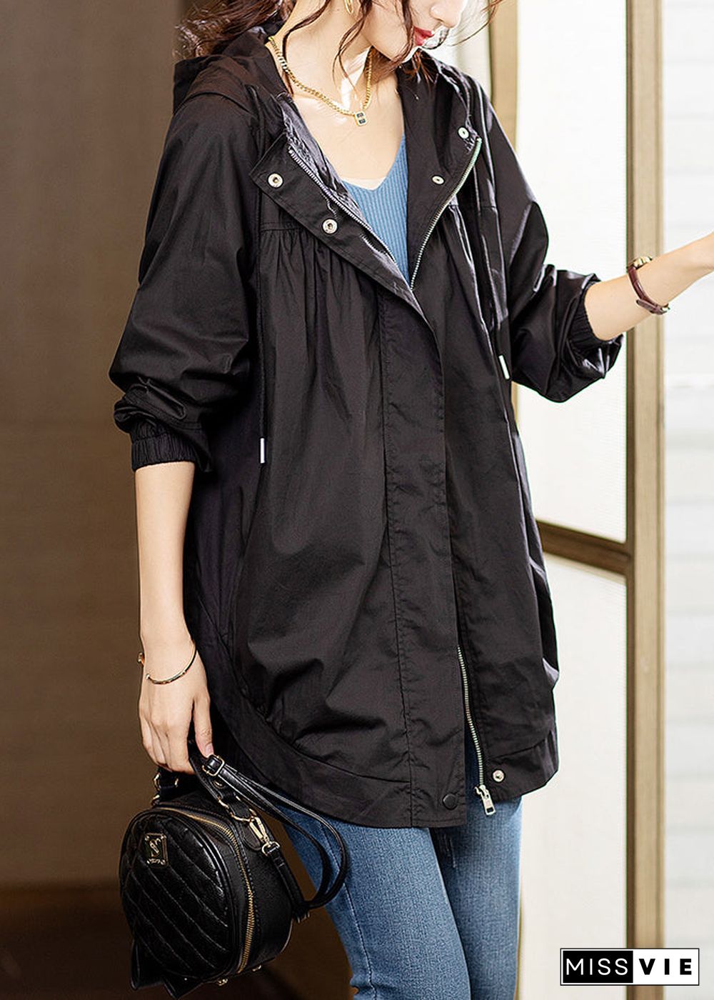 Black Wrinkled Patchwork Cotton Coats Zip Up Long Sleeve