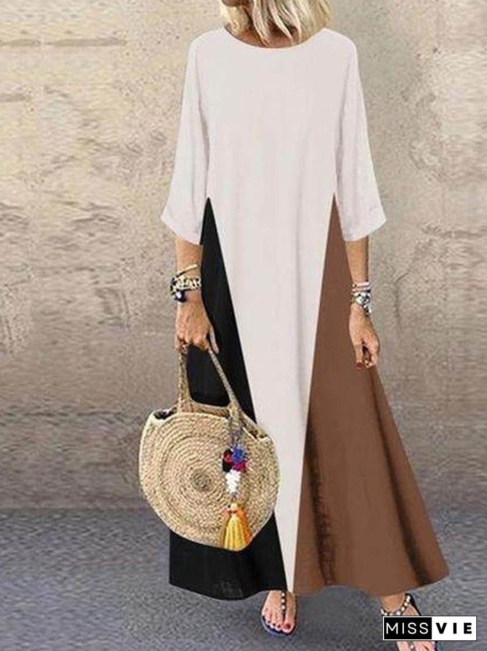 Chic Round Neck 3/4 Sleeve Loose Color Block Maxi Dress