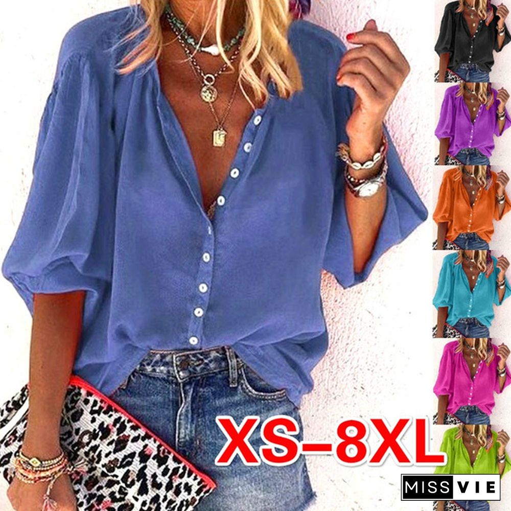 Spring Summer Tops Plus Size Fashion Clothes Women's Causal Long Sleeve Tee Shirts Solid Color Loose T-shirts Ladies Button Up Shirts Deep V-neck Pleated Chiffon Blouses XS-8XL