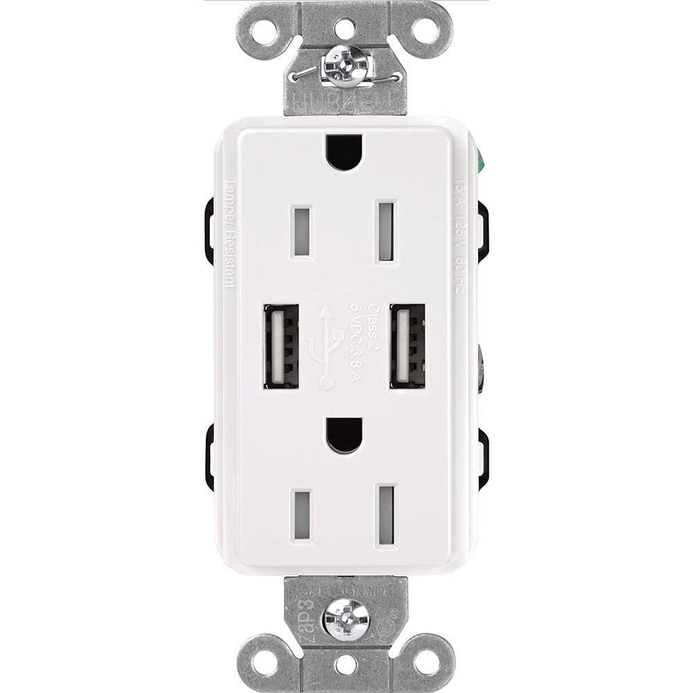 Lutron Claro 15 Amp USB Duplex Outlet White (CAR-15-UBTR-WH) CAR-15-UBTR-WH