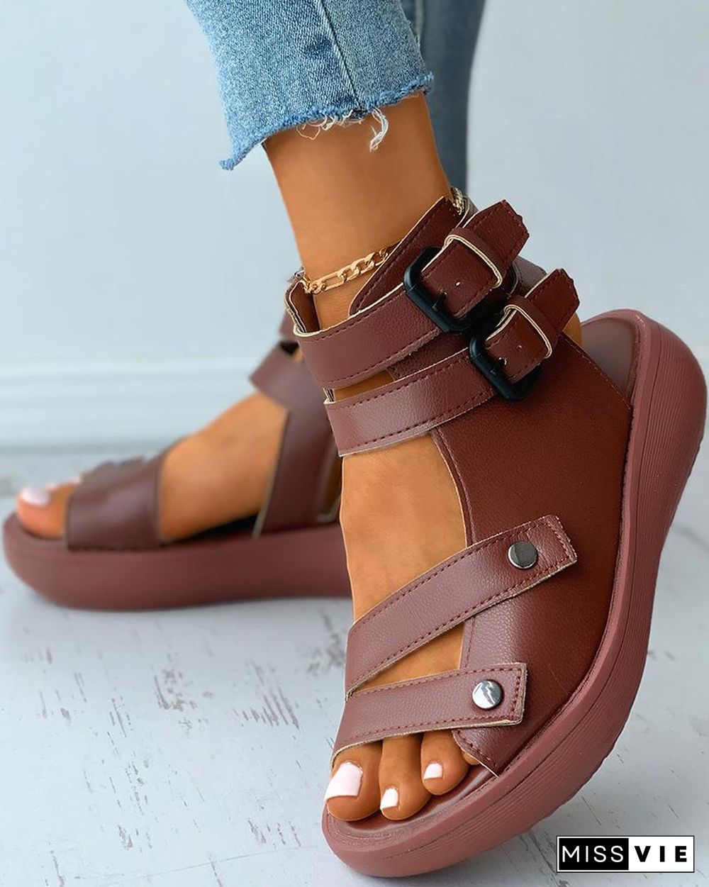 Double Strap Ankle Buckled Flat Sandals