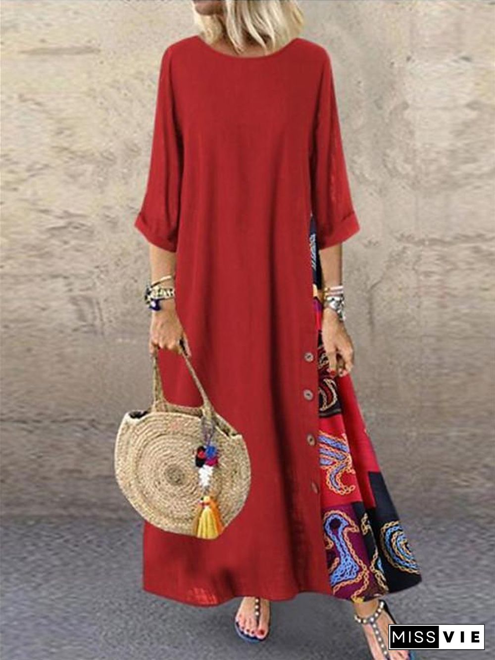 Women's Swing Dress Maxi long Dress - 3/4 Length Sleeve Print Print Spring & Summer Hot Casual Holiday vacation dresses Loose  Red Yellow Wine Army Green Navy Blue Gray L XL XXL 3XL 4XL 5XL