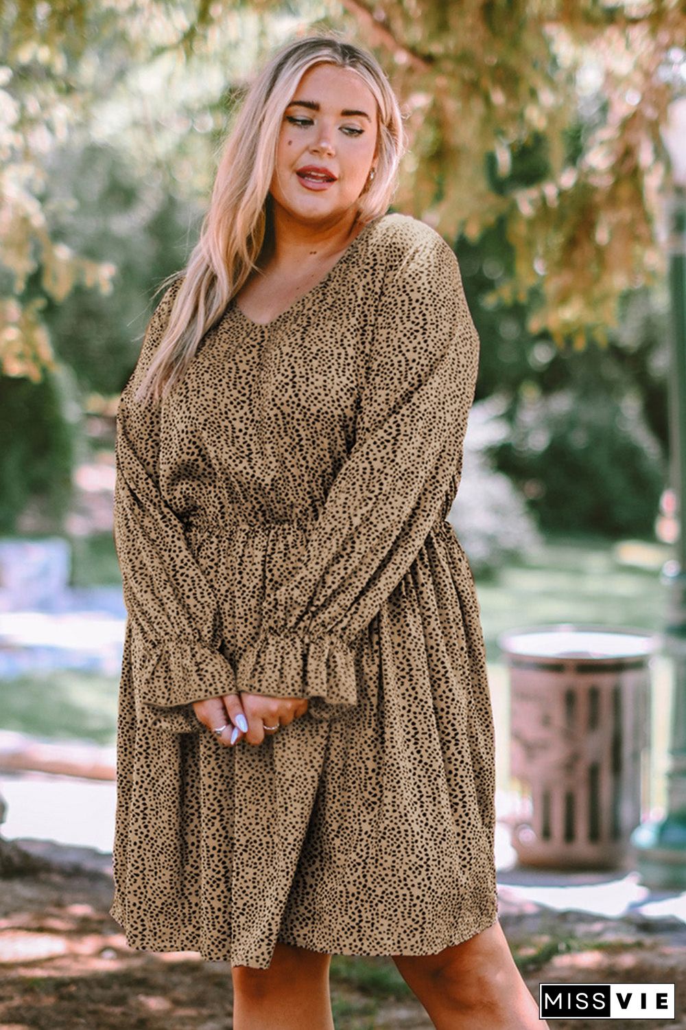 Khaki Plus Size Ruffled Long Sleeve Animal Spotted Print Dress