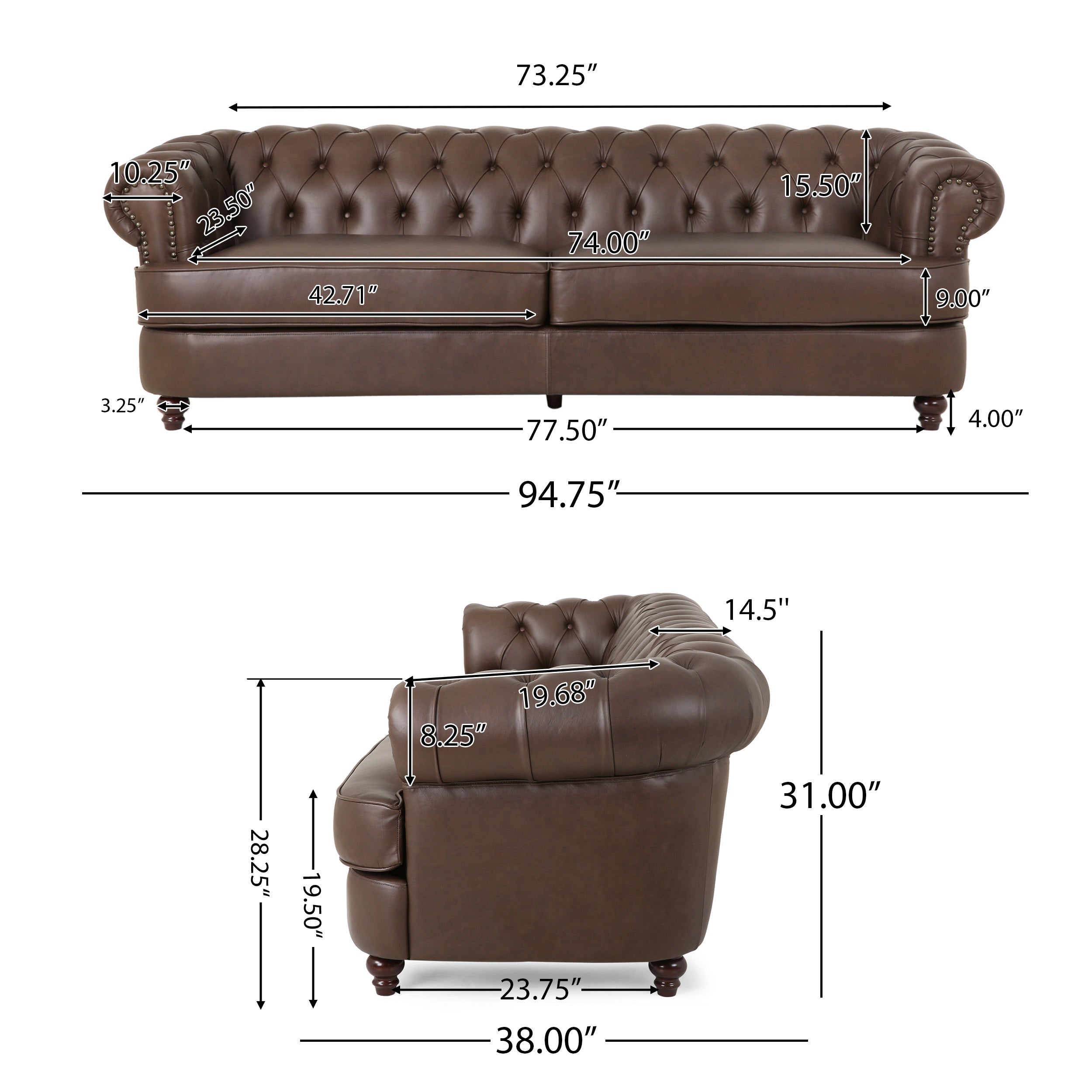 Saley Contemporary Leather Tufted 3 Seater Sofa with Nailhead Trim