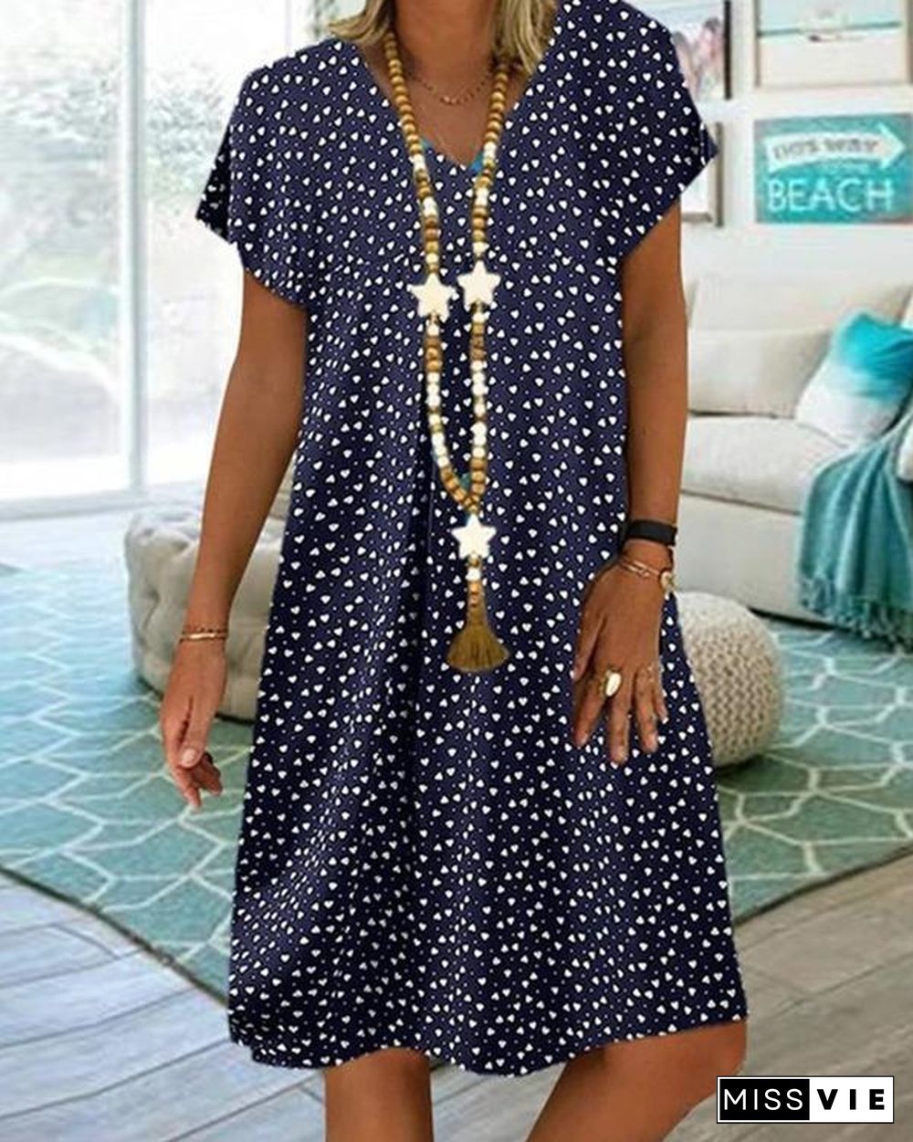 Women Casual Short Sleeve V-neck Polka Dot Printed Dress