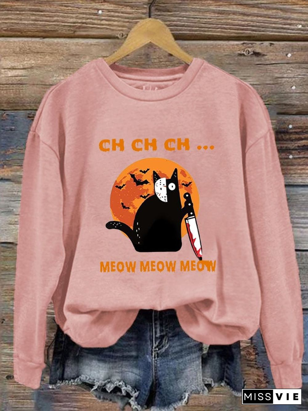 Women's Halloween Bats Black Cat Prnted Sweatshirt