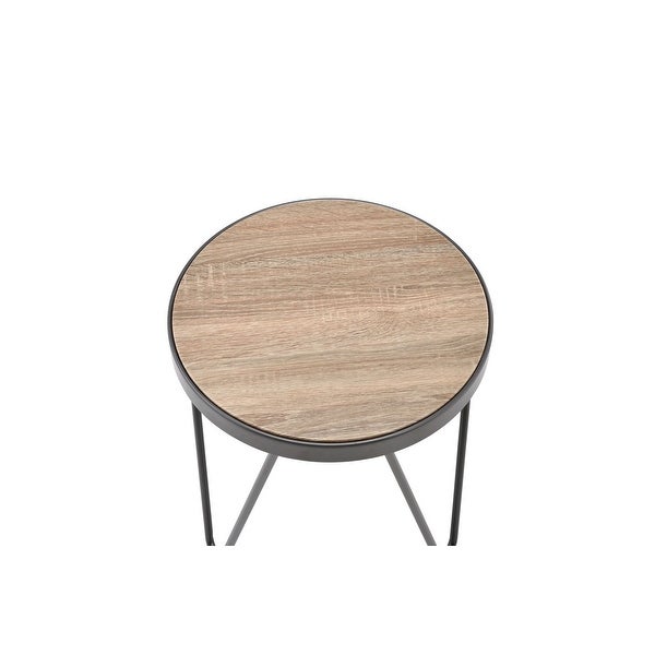 Industrial Style Bage Round End Table in Weathered Gray Oak and Metal