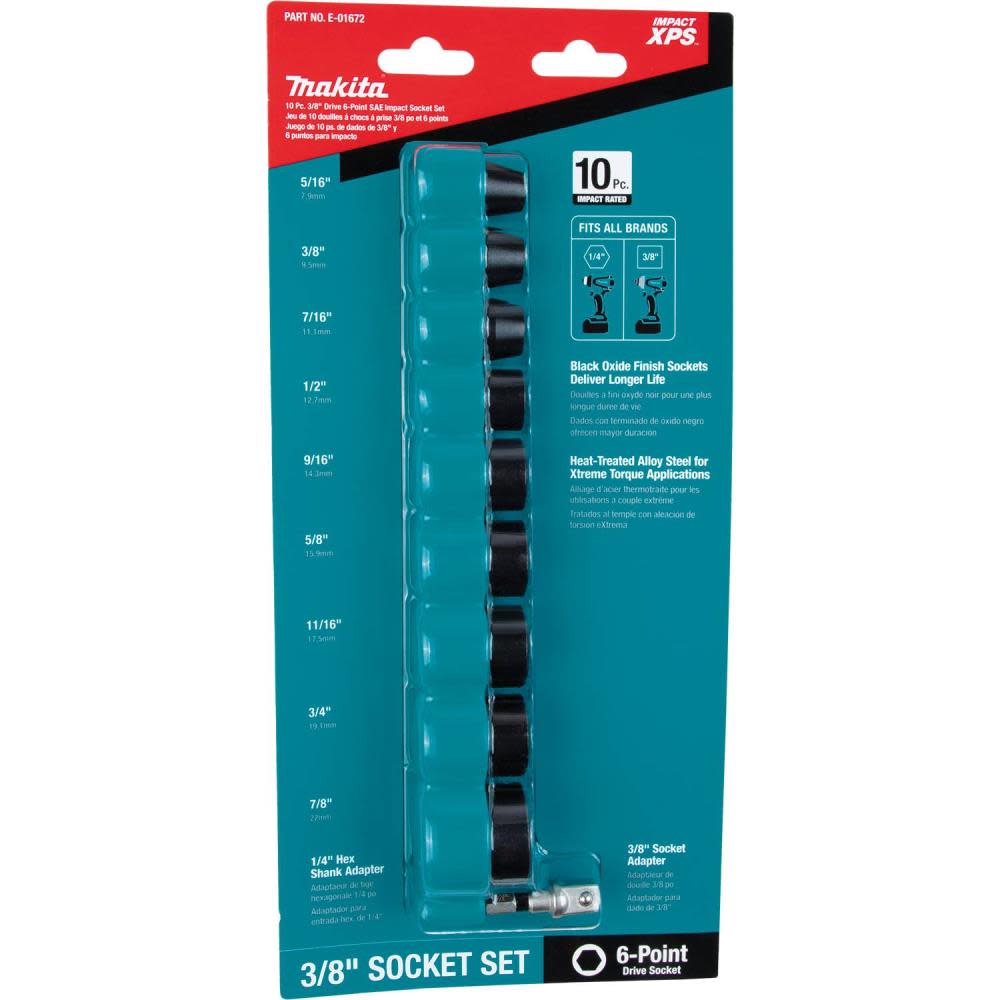 Makita Impact XPS Impact Socket Set 3/8 Drive 6 Point SAE with Standard Socket Adapter 10pc