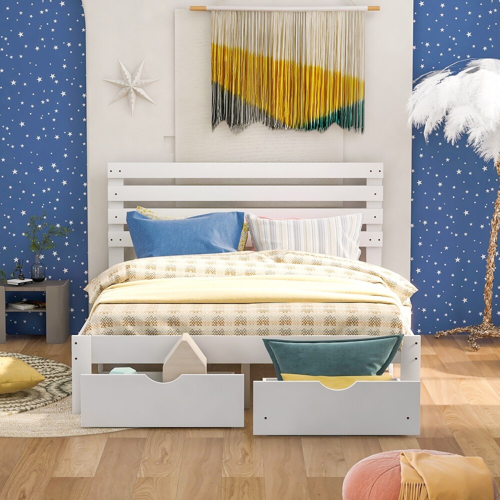 Solid Pine Platform Bed Frame with 2 Storage Drawers   Headboard