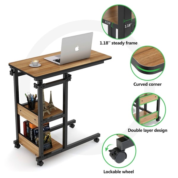 Brown/ Black Wood C-Shaped OverBed SideTable with Wheels， Industrial mobile Bed End Tables for Bedroom