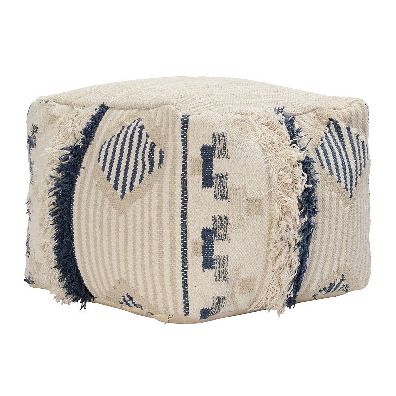 Fabric Pouf Ottoman with Woven Design and Fringe Details， Cream and Blue