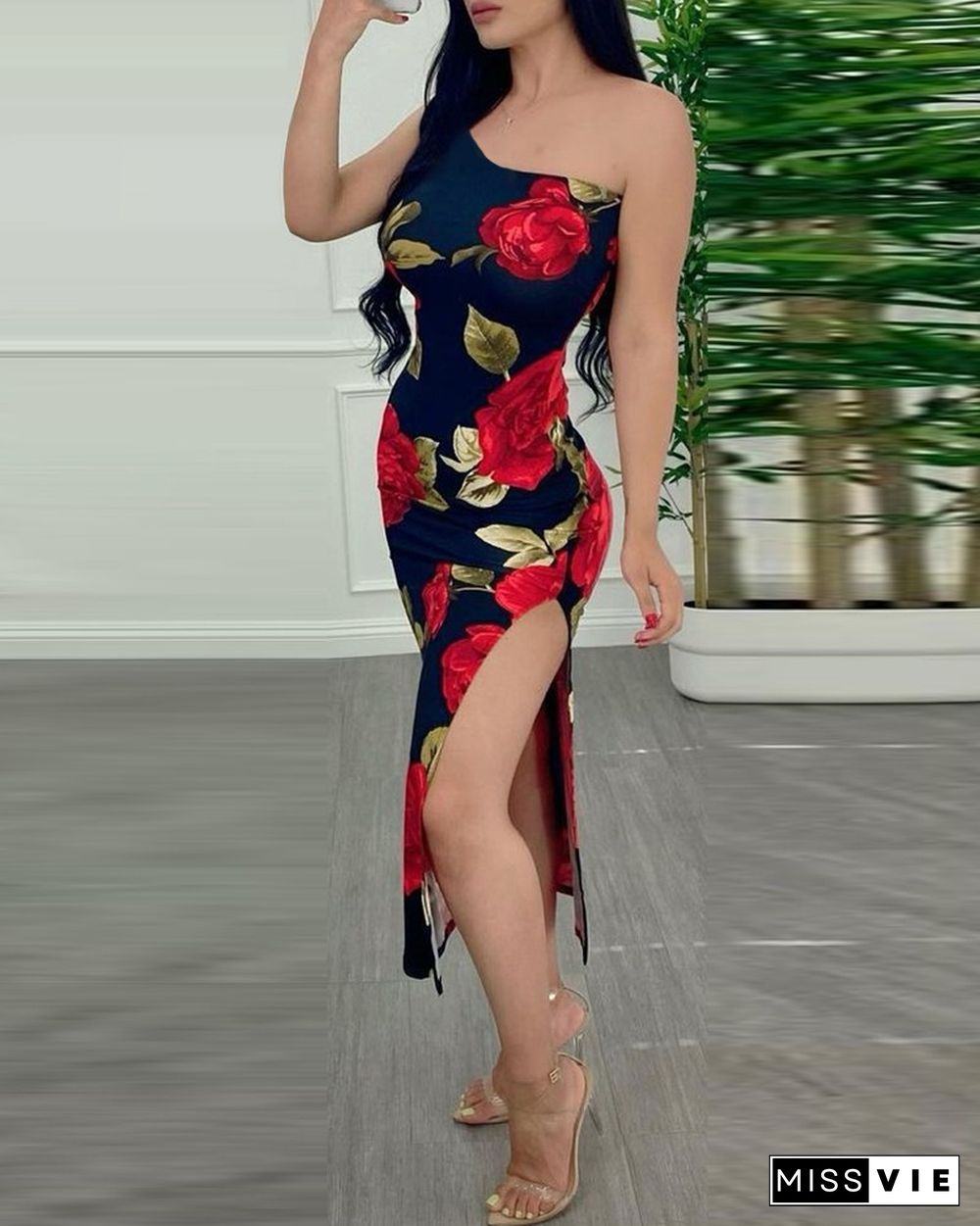 One Shoulder Floral Print High Slit Skinny Dress