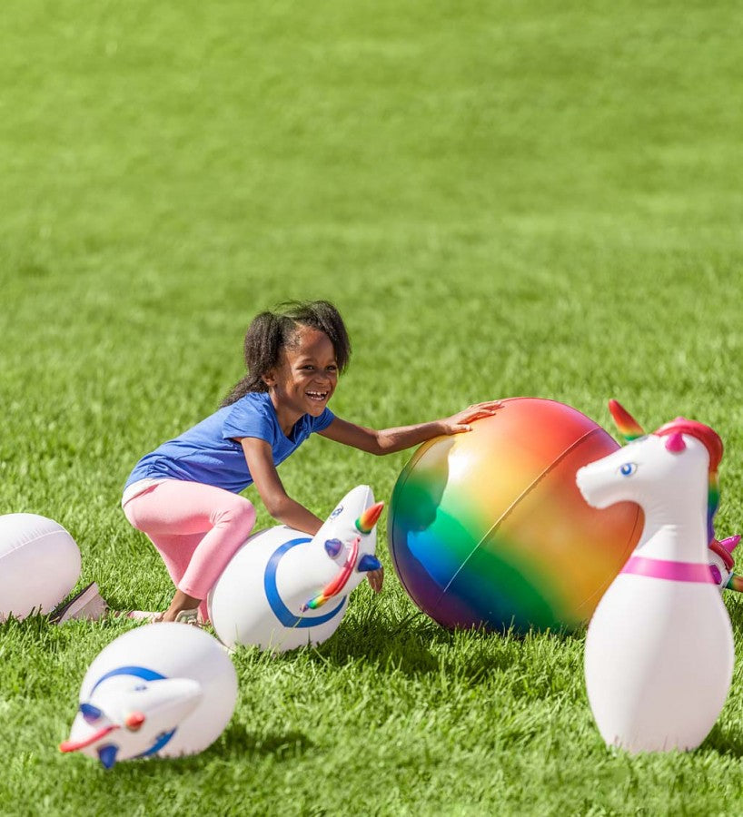 HearthSong Giant Inflatable Unicorn Bowling Set for Kids, with 6 Unicorn Pins and 1 Large Multi-Colored Ball