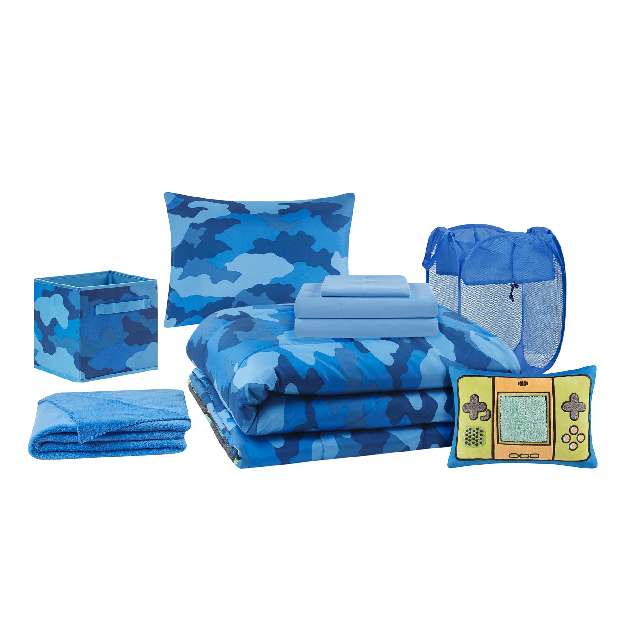 Here I Grow Gamer Print Reversible 9 Piece Comforter Bed in a Bag， Grey/Blue， Twin/TXL