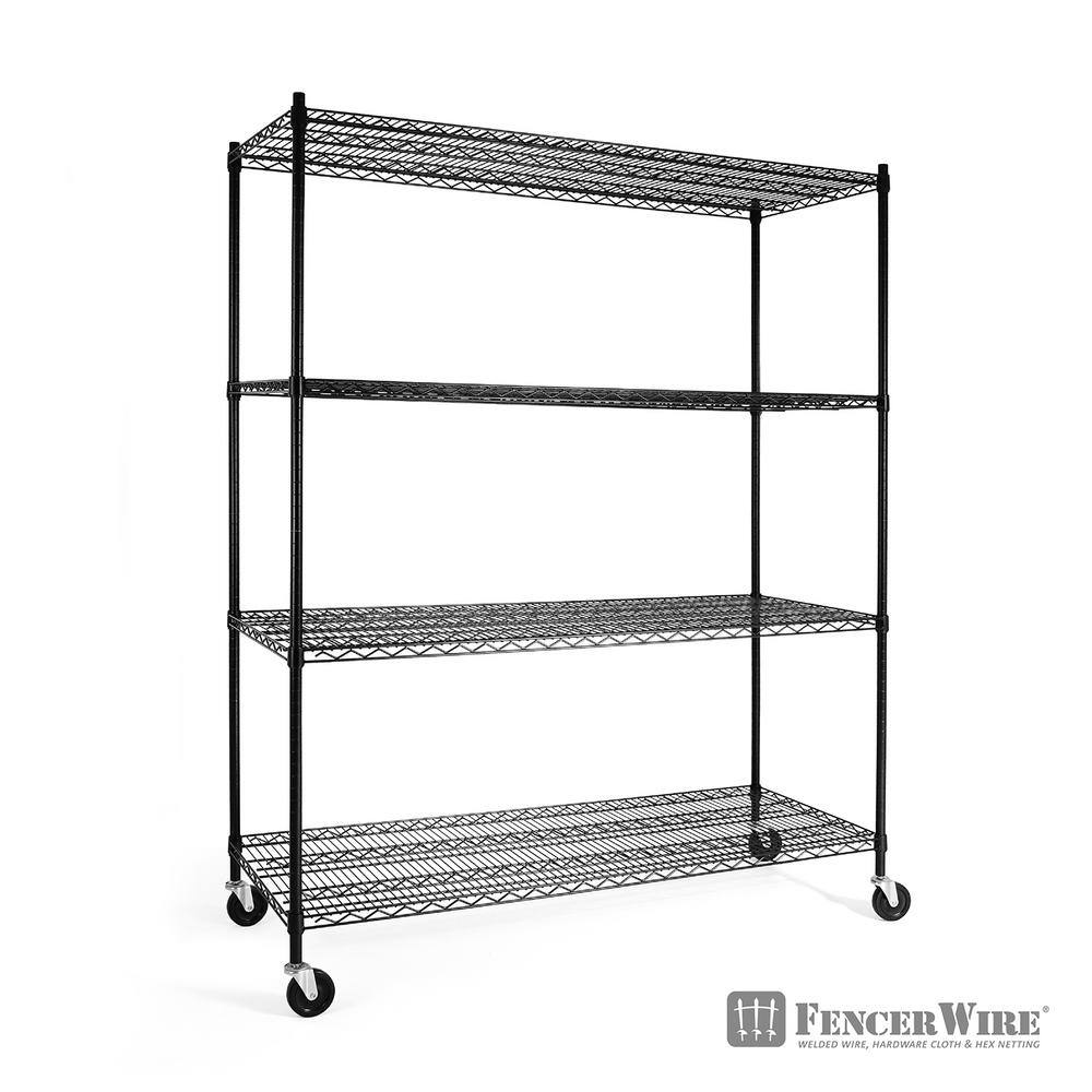 Fencer Wire Black 4-Tier Metal Garage Storage Shelving Unit with Casters and Leveling Feet (60 in. W x 24 in. D x 76 in. H) RWW-CH60244WBK