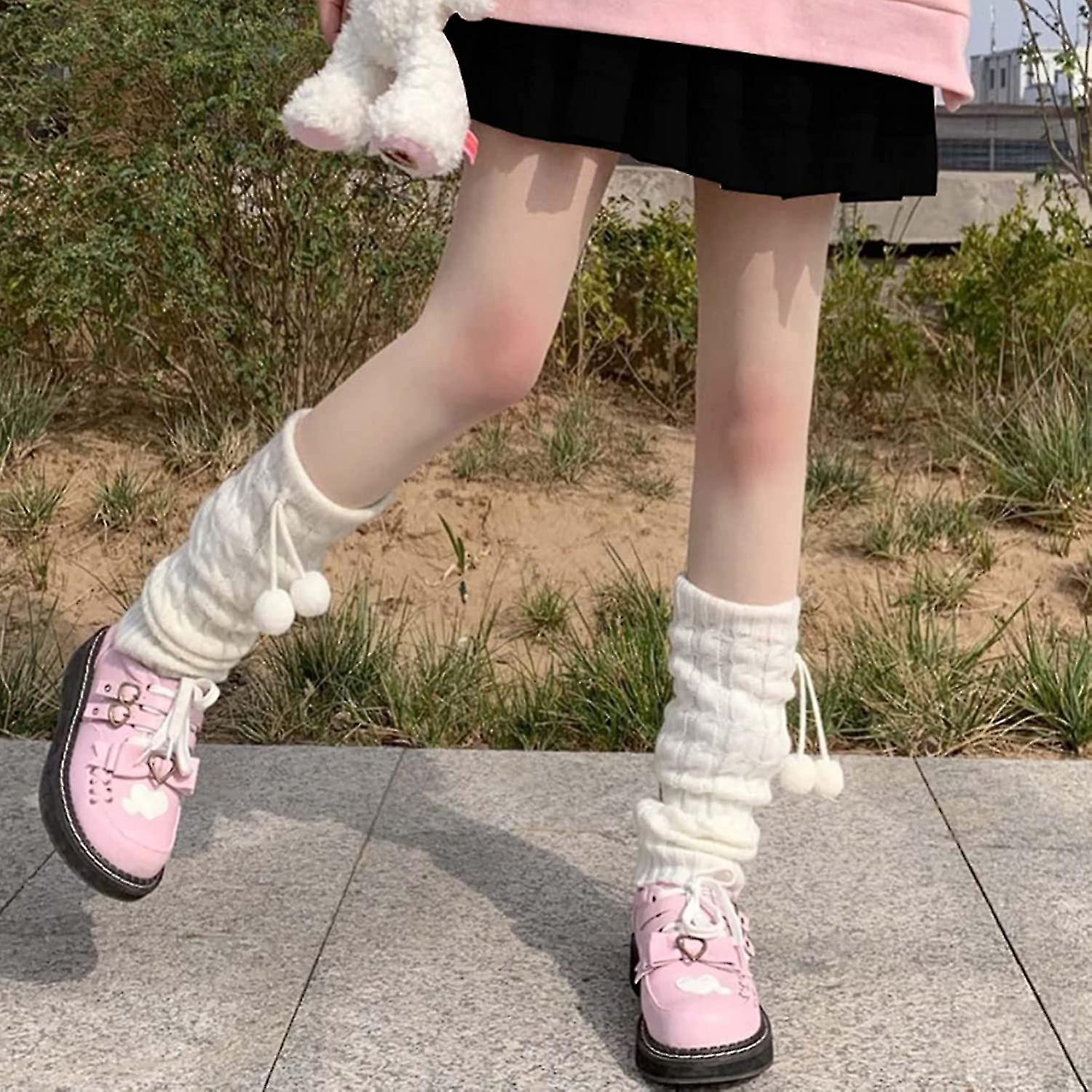 Women Girls Japanese Kawaii Knitted Long Crochet Wool Ball Leg Warmers Knee High