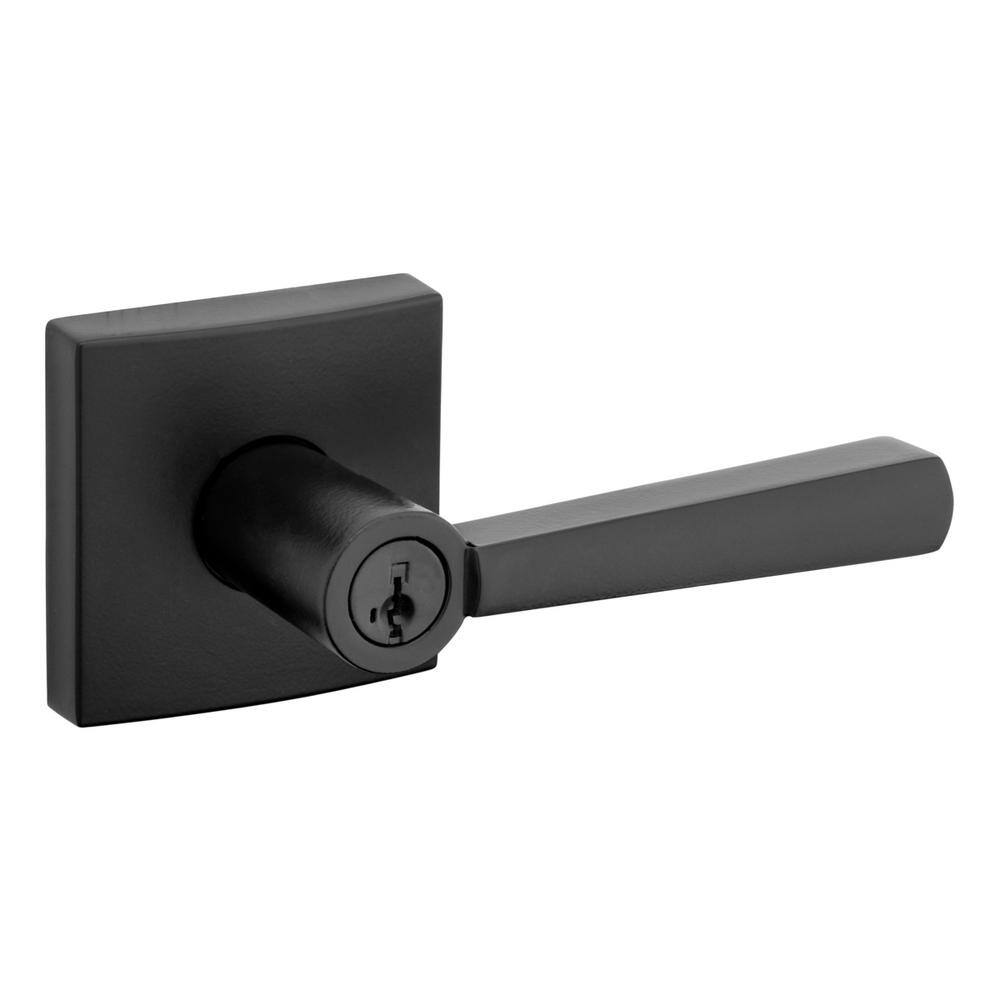 Baldwin Prestige Spyglass Matte Black Entry Door Handle Featuring SmartKey Security with Microban Antimicrobial Technology 354SPLSQR514SMT