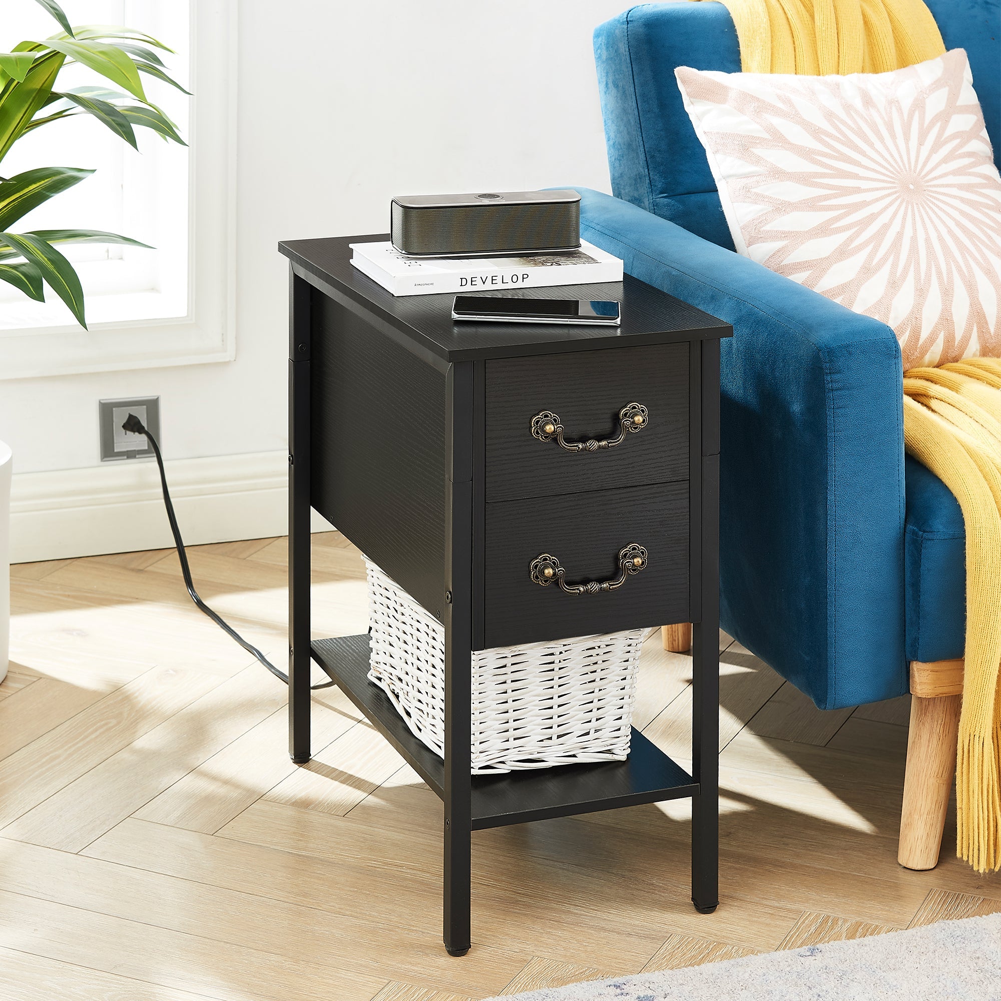 VECELO Set of 2 Nightstand with Charging Station, Tall End/Side Table with 2-Drawer and Storage Shelf, 2 USB Port & 2 Power Outlets, Black