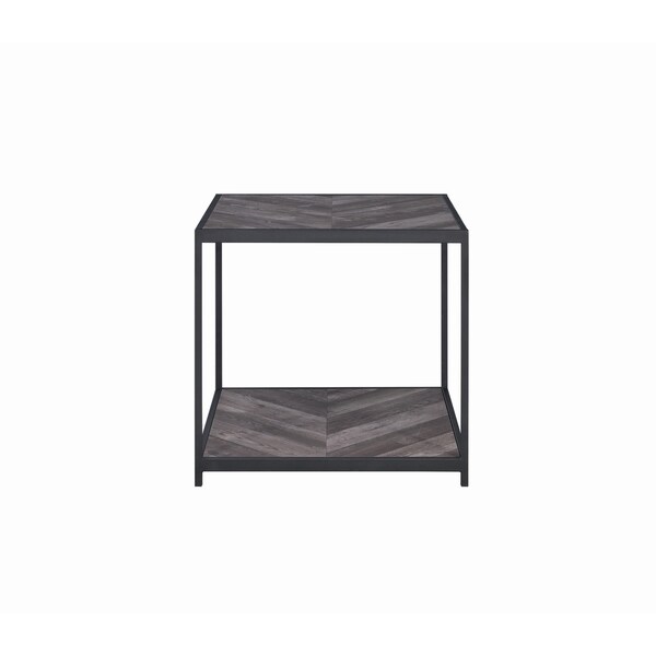 Metal Frame End Table with Wooden Top and Bottom Shelf， Black and Gray