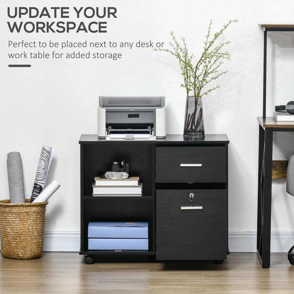 Vinsetto Black Lateral File Cabinet with Wheels, Mobile Printer Stand with Open Shelves and Drawers 924-039BK