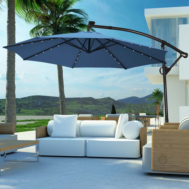 10 FT Patio Offset Umbrella with Solar Lights 360° Rotation Outdoor Market Umbrella with Crank Handle & Cross Base