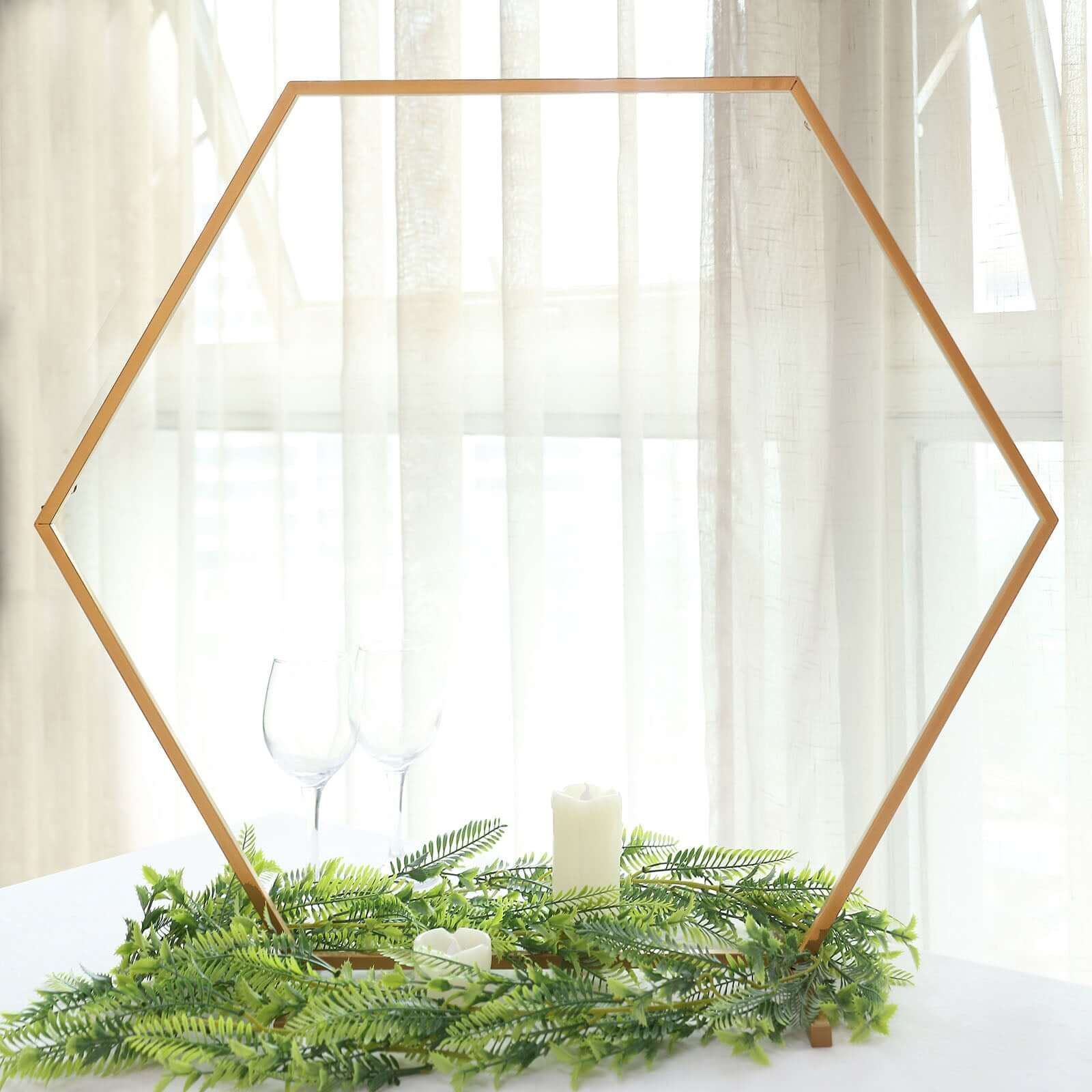 Gold Metal Hexagon Table Wedding Arch Centerpiece Stand, Geometric Self Standing Flower Balloon Frame 24