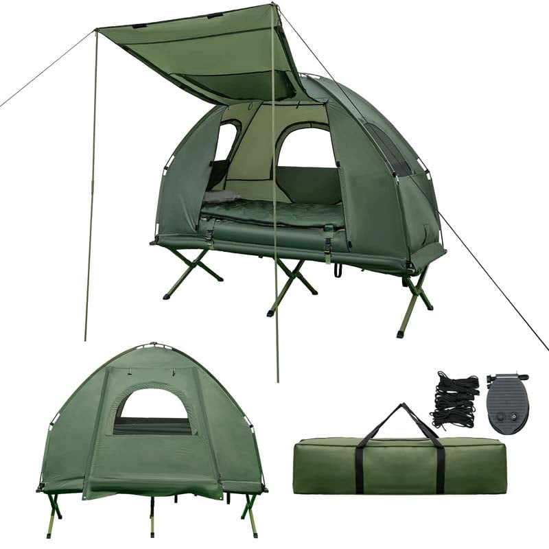 5-in-1 Off-Ground Tent Cot 1-Person Foldable Camping Bed Tent with Awning, Air Mattress, Sleeping Bag, Carrying Bag