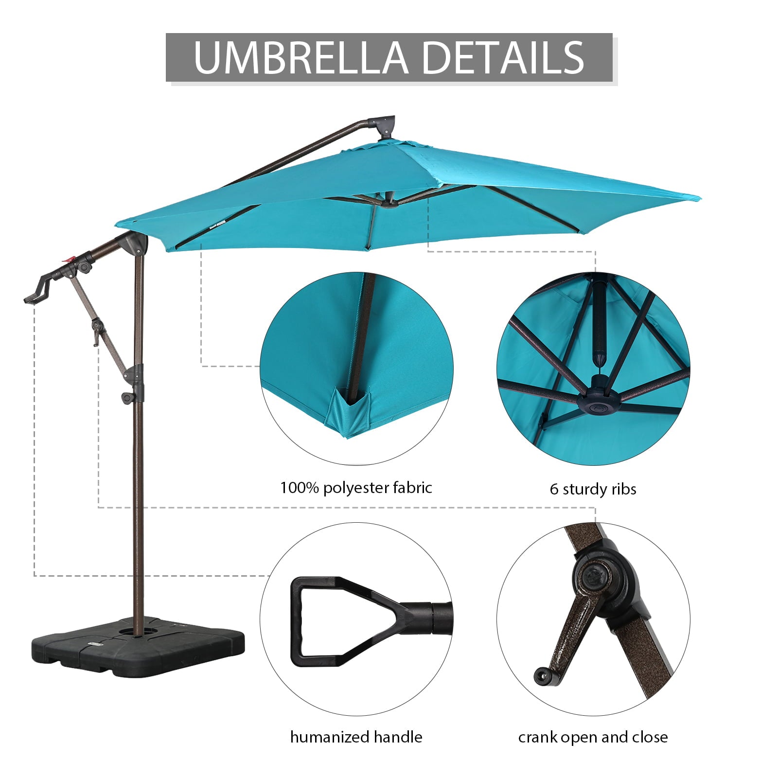 COBANA 9.4ft Offset Patio Umbrella with Base Included, Hanging Outdoor Umbrella with Water Sand Filled Umbrella Stand Weights, Blue