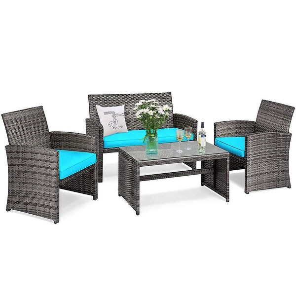 Costway 4PCS Patio Rattan Furniture Set Conversation Glass Table Top