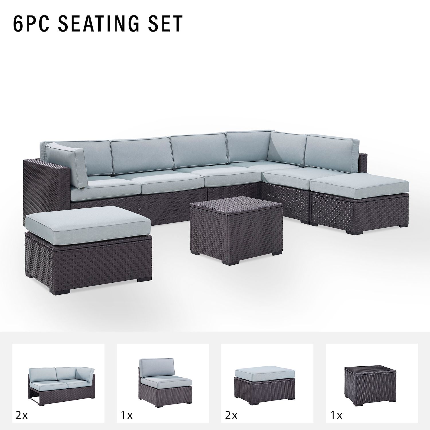 Crosley Furniture Biscayne Patio Wicker Loveseat， Chair， Ottoman and Coffee Table 6-piece Set