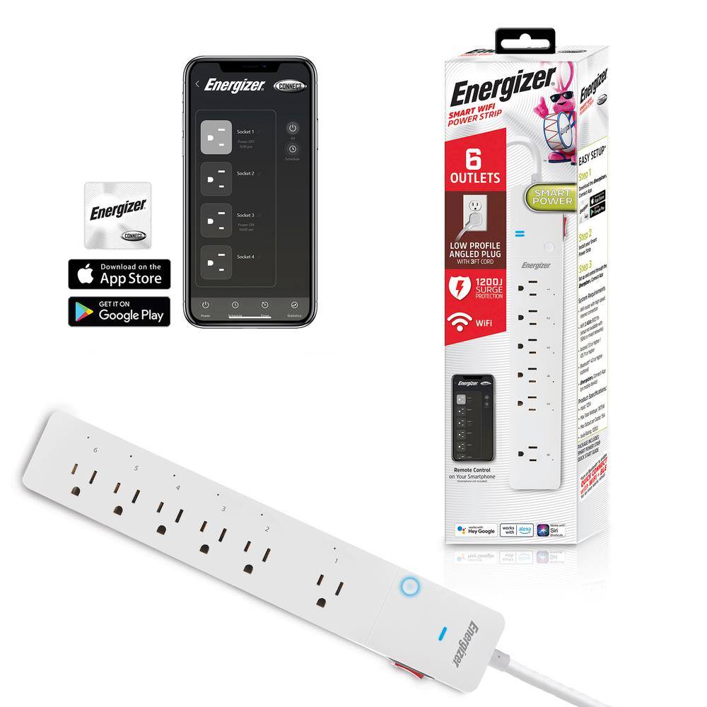 Energizer Smart Wi-Fi 6-Outlet Smart Surge Protector 1200 Joules Works With AlexaSiriGoogle EIS3-1004-WHT