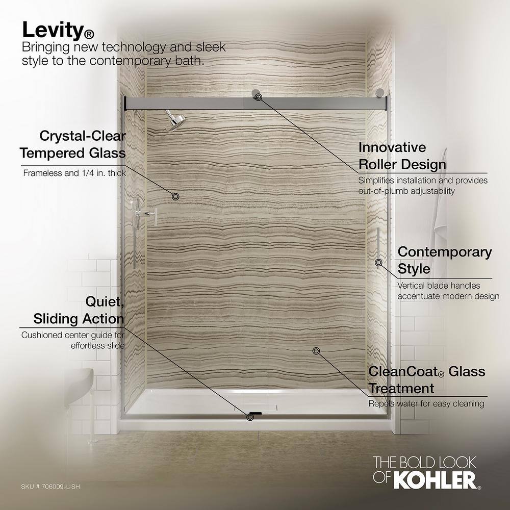 KOHLER Levity 59.625 in. W x 74 in. H Frameless Sliding Shower Door in Bright Silver with Blade Handles K-706009-L-SH