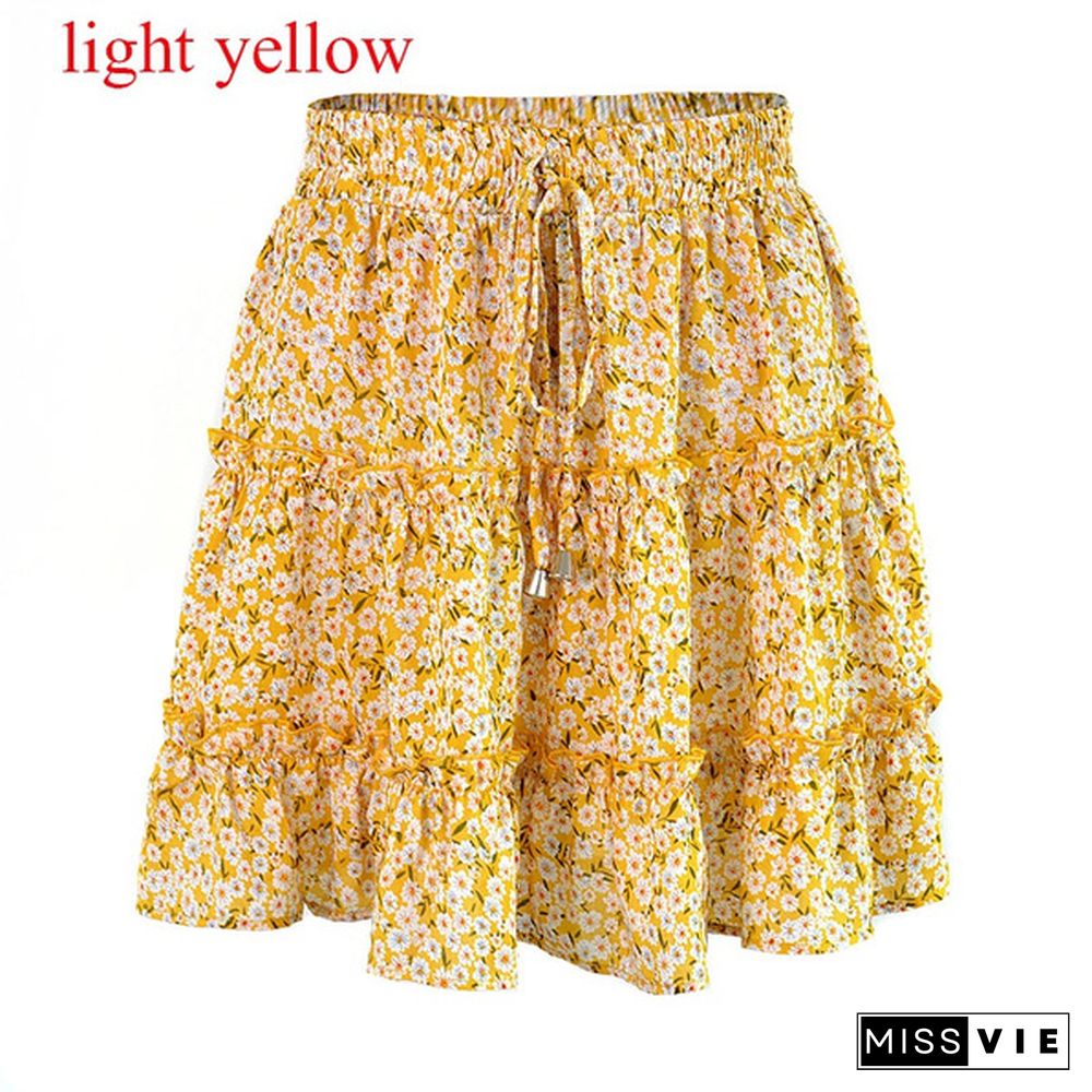 New Women Y2K Sweet Skirts Summer High Waist Falbala Floral Printing Skirts Beach Essential Womens Fashion Mini Skirt