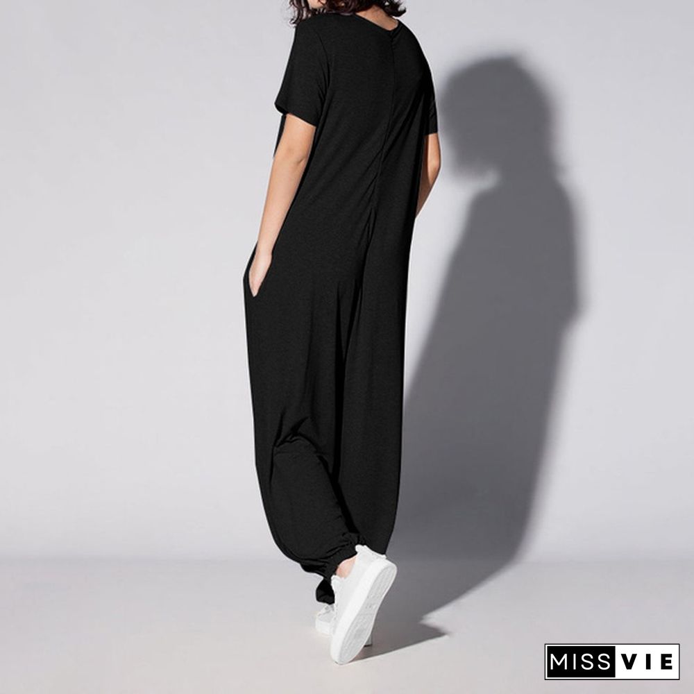 Women Short Sleeve Solid Jumpsuit Casual Loose Baggy Oversized Culottes Playsuit