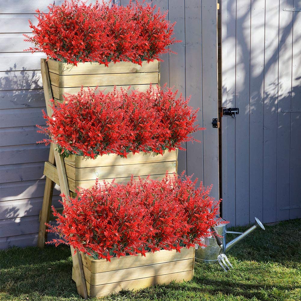 Sinhoon 8 Bundles Outdoor Artificial Lavender Fake Flowers UV Resistant Shrubs, Faux Plastic Greenery for Indoor Outside Hanging Plants Garden Porch Window Box Home Wedding Farmhouse Decor (Red)