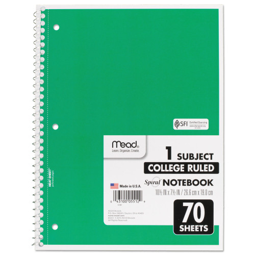 Mead Spiral Notebook， 1 Subject， Medium/College Rule， Assorted Color Covers， 10.5 x 7.5， 70 Sheets (05512)