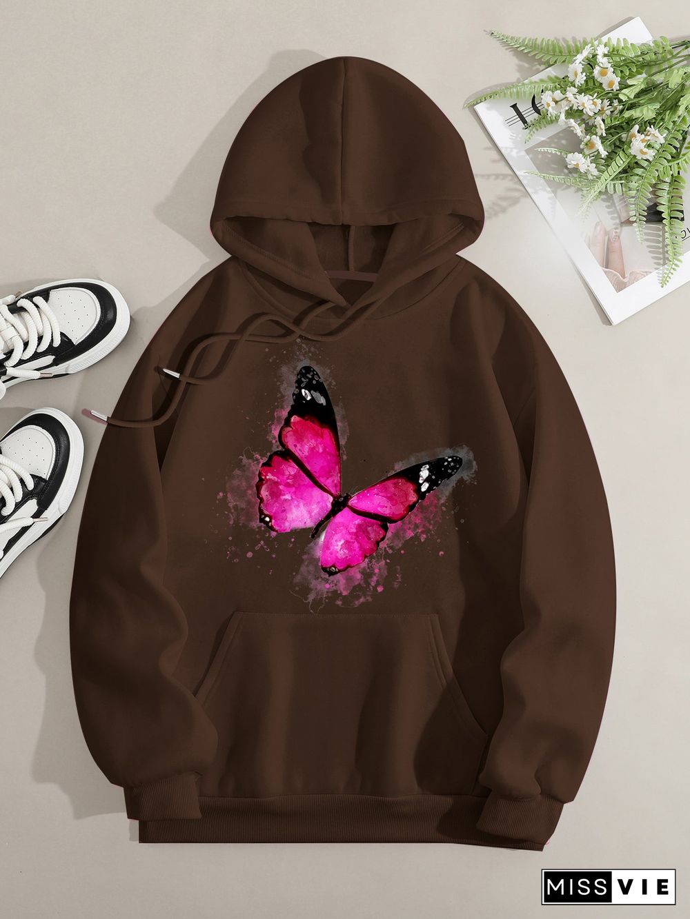 Printed on front Kangaroo Pocket Hoodie Long Sleeve for Women Pattern Butterfly