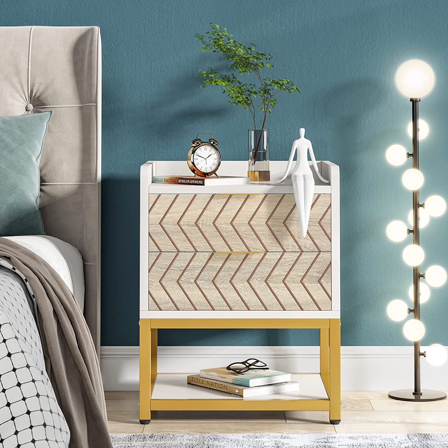 Tribesigns Modern Nightstand with 2 Drawers, Bedrooms Bedside Table, Side End Table for Living Room, White & Gold