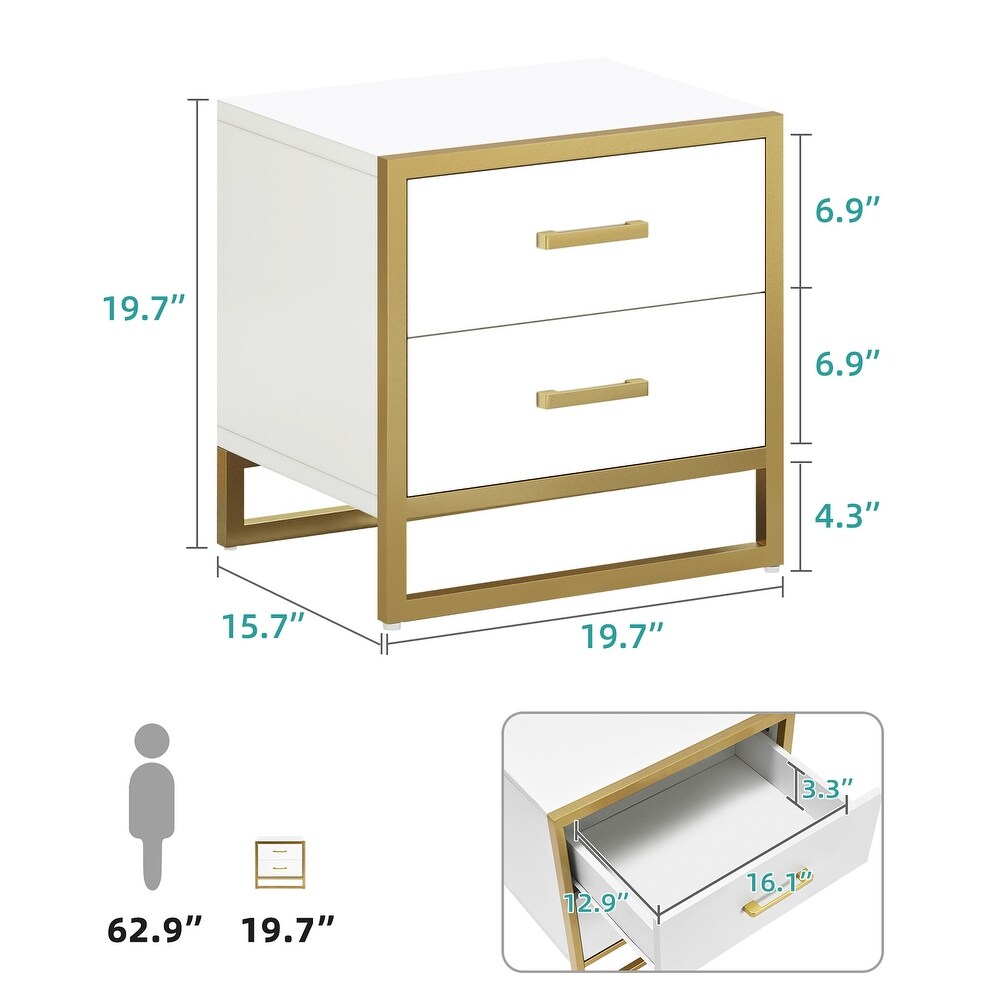 Hussain Wood 2 Drawer End Table Beside Bed Nightstand with Metal Frame