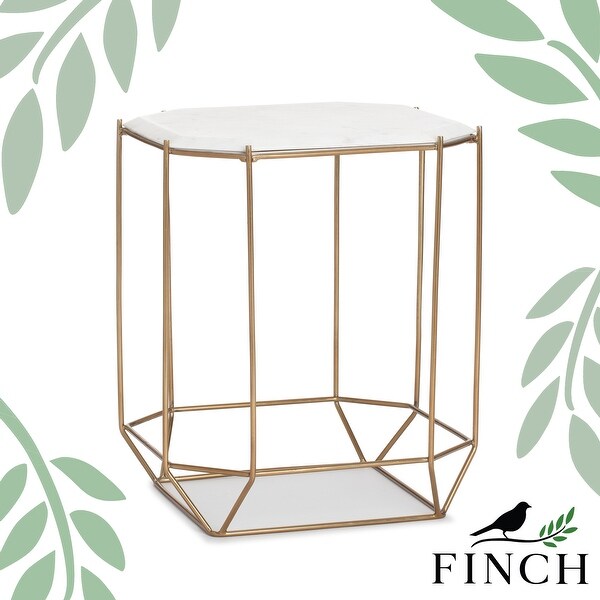 Finch Colton Solid Marble Top Accent Table with Gold Metal Base， White/Gold