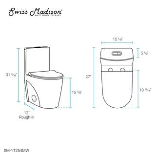 Swiss Madison St. Tropez 1-Piece 1.1 GPF1.6 GPF Dual Flush Elongated Toilet in Matte White Seat Included SM-1T254MW