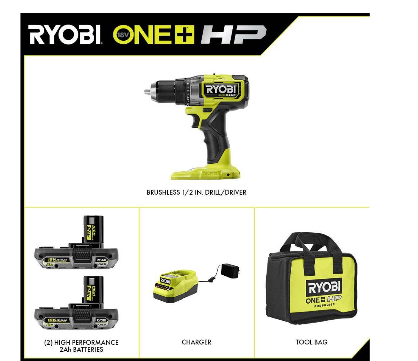 RYOBI PBLDD01K-A986501 ONE+ HP 18V Brushless Cordless 1/2 in. Drill/Driver Kit w/(2) Batteries， Charger， Bag， and Drill and Drive Kit (65-Piece)