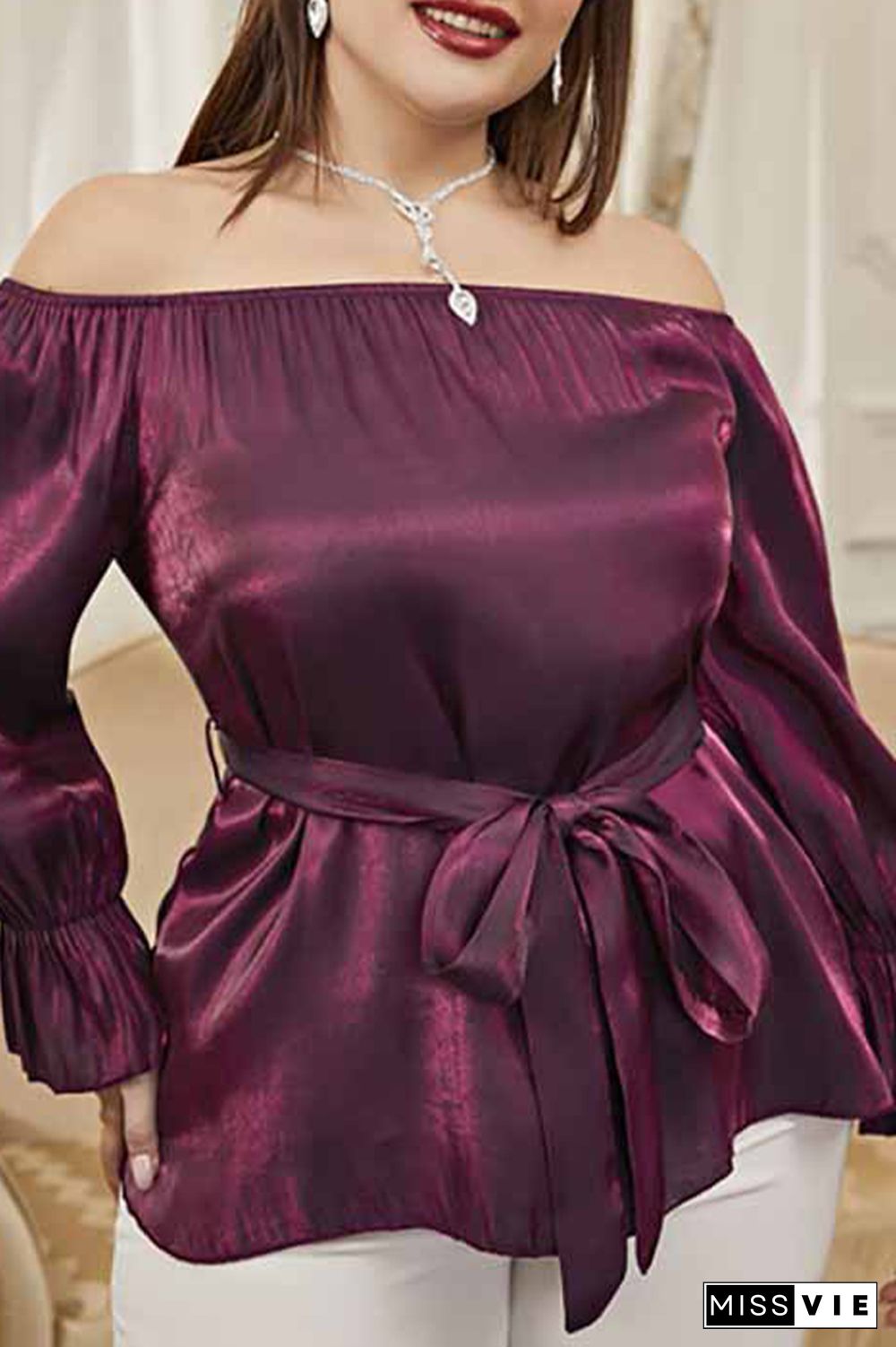 Off Shoulder Waistband Burgundy Plus Size Blouse Top Wholesale