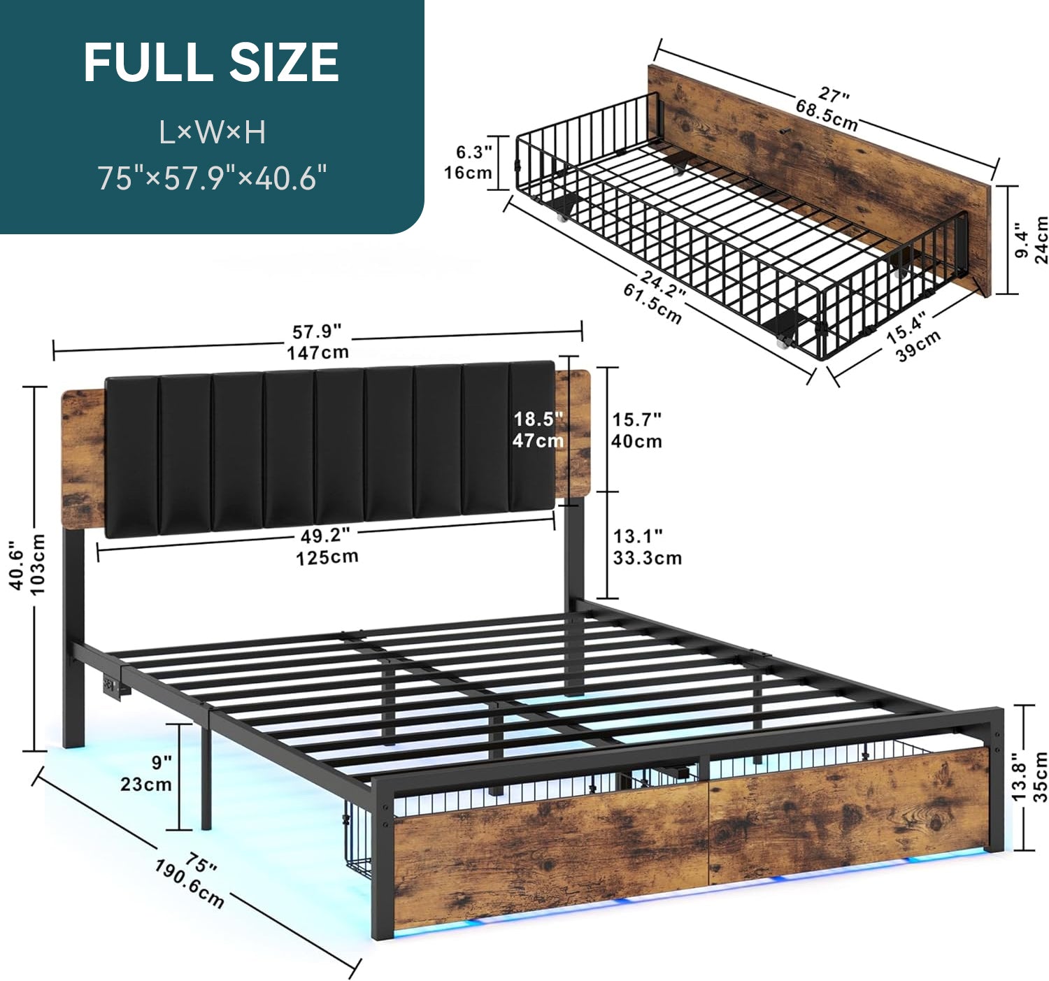 Platform Bed Frame with Removable PU Leather headboard, Charging Station, Drawers