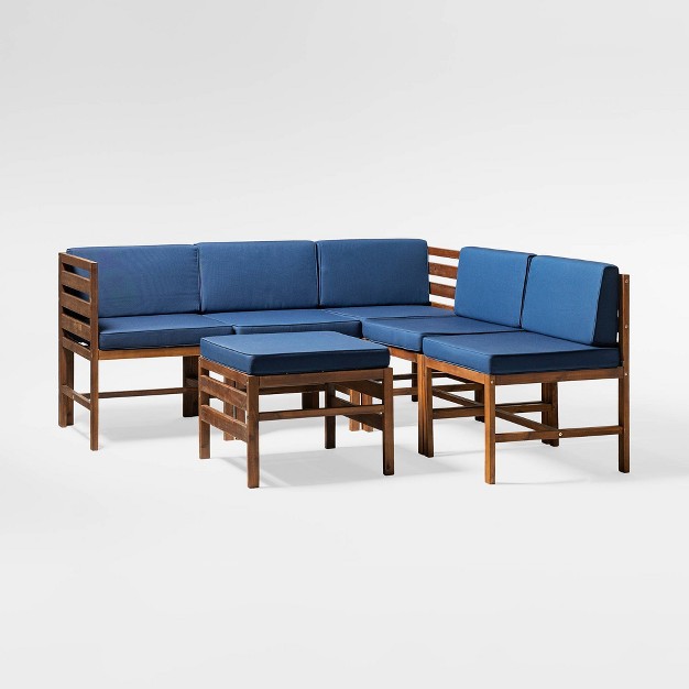 6pc Modular Acacia Wood Patio Sectional With Ottoman Dark Brown navy Saracina Home